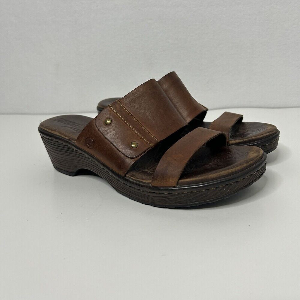 Born Brown Strappy Peep Toe Wedge Slip On Mules Sandals Size 8 EU 39